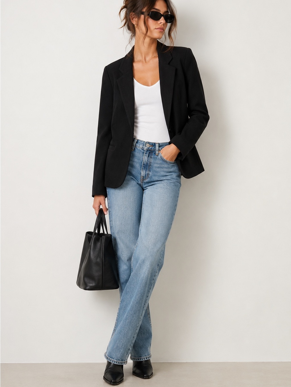 silence + noise | Black Tailored Minimalist Open Front Blazer Capsule Jacket
